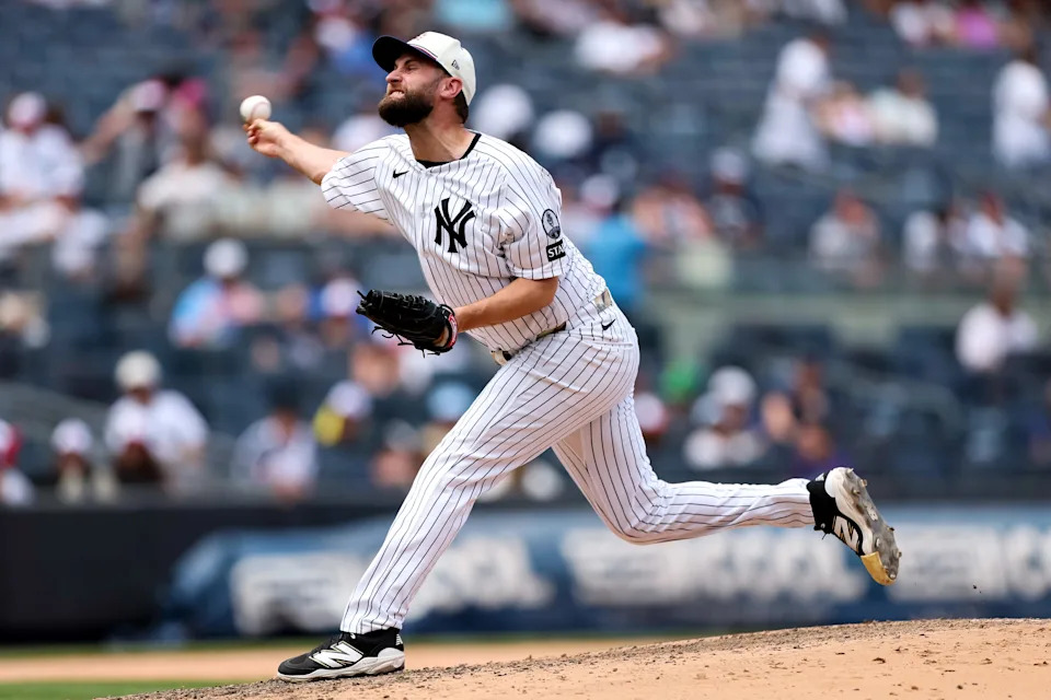 NEW YORK, NEW YORK - JULY 04: Jake Bird #59 of the New York Yankees pitches during the fifth inning against the Minnesota Twins at Yankee Stadium on July 04, 2026 in New York City. (Photo by Caleb Bowlin/Getty Images)