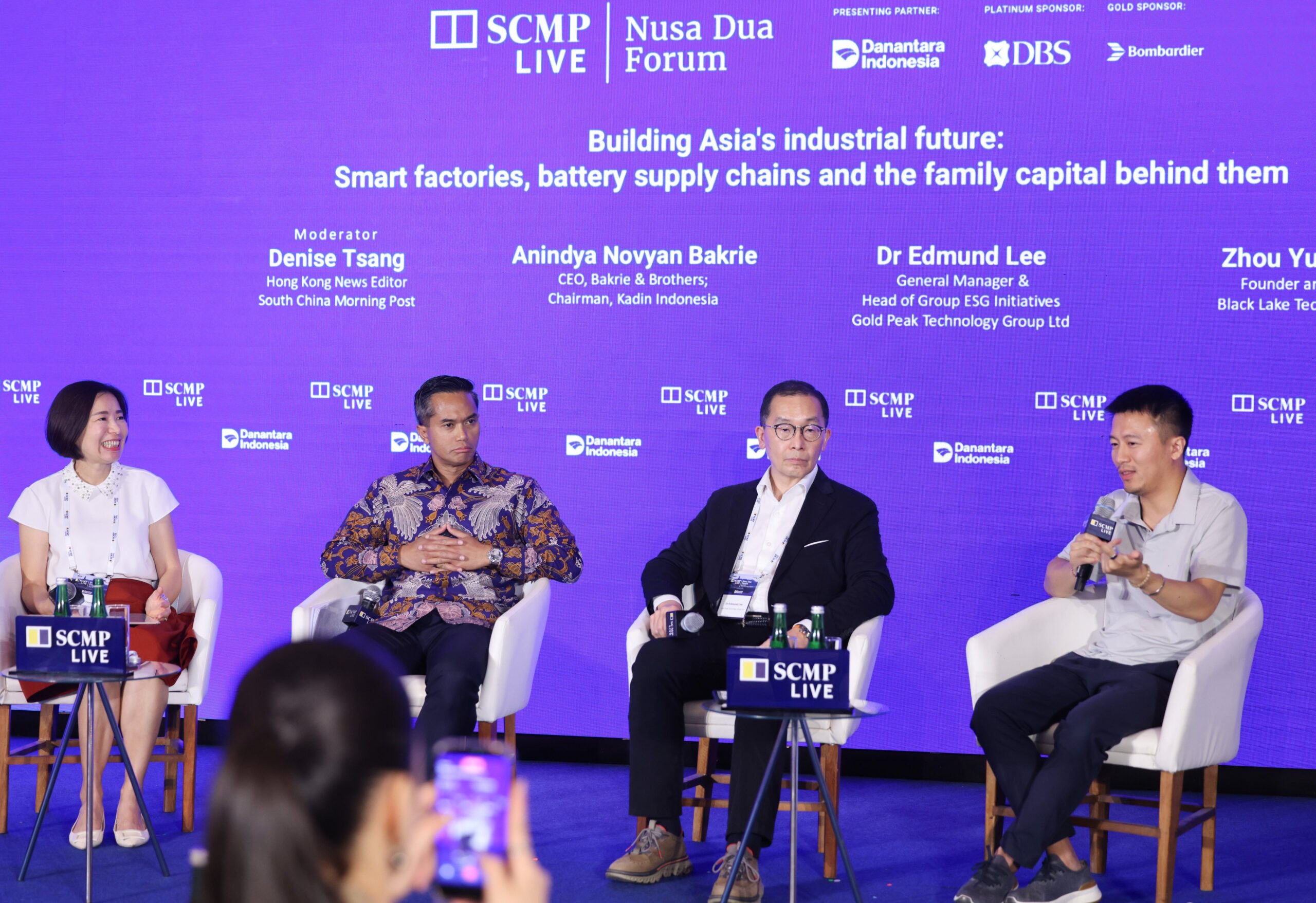(From left) SCMP Hong Kong news editor Denise Tsang; Anindya Novyan Bakrie, CEO of Bakrie & Brothers and chairman of Kadin Indonesia; Edmund Lee, general manager of Gold Peak Technology; and Zhou Yuxiang, founder and CEO of Black Lake Technologies. Photo: Nora Tam