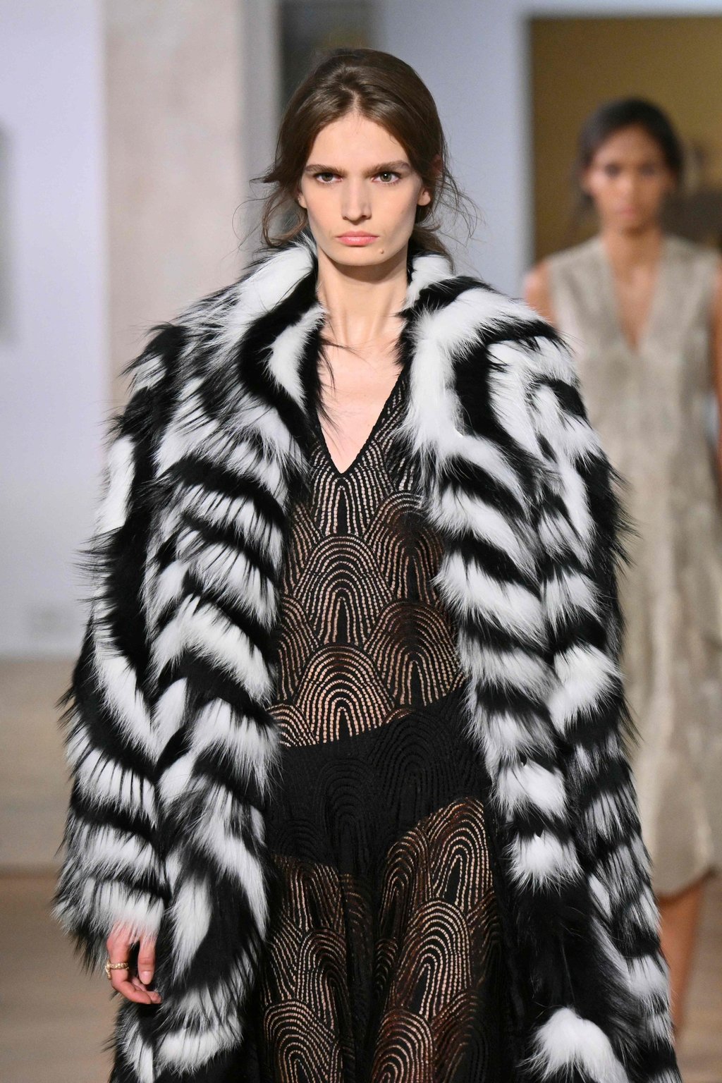 A fur coat worn over a sheer dress at Fendi’s fall/winter 2026-27 haute couture show in Rome. Photo: AFP