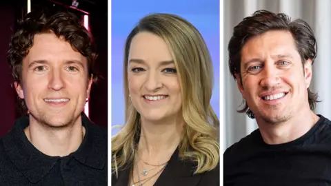 BBC Composite picture of Greg James, Laura Kuenssberg and Vernon Kay
