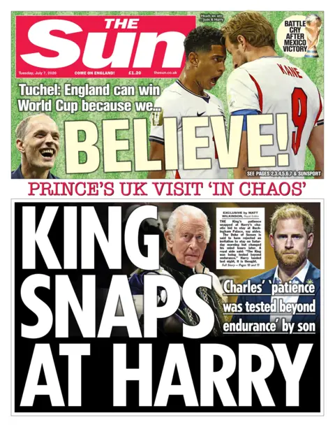 The headline on the front page of the Sun reads: 'King snaps at Harry.'