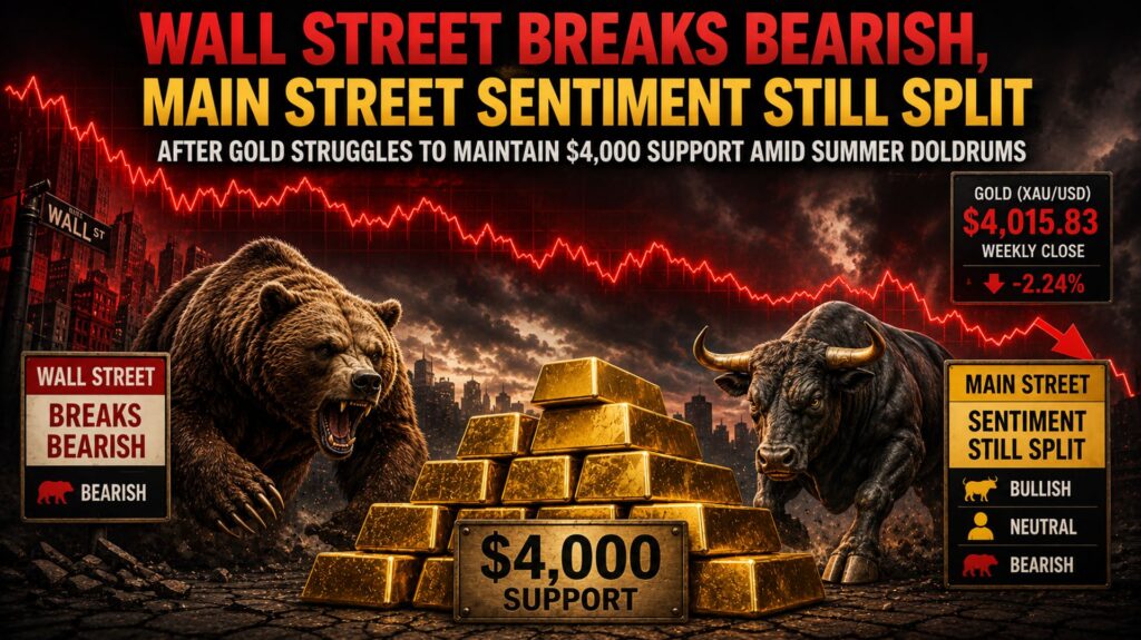 Wall Street breaks bearish, Main Street sentiment still split after gold struggles to maintain $4,000 support amid summer doldrums Wall Street breaks bearish, Main Street sentiment still split after gold struggles to maintain $4,000 support amid summer doldrums
