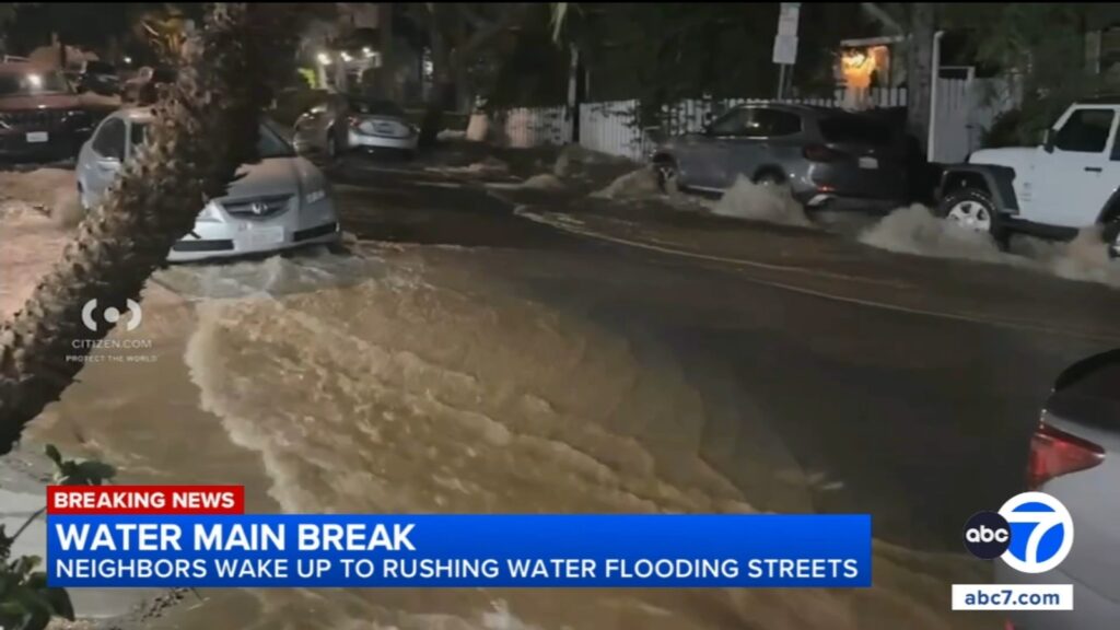Rushing water floods West Hollywood streets after water main break Rushing water floods West Hollywood streets after water main break