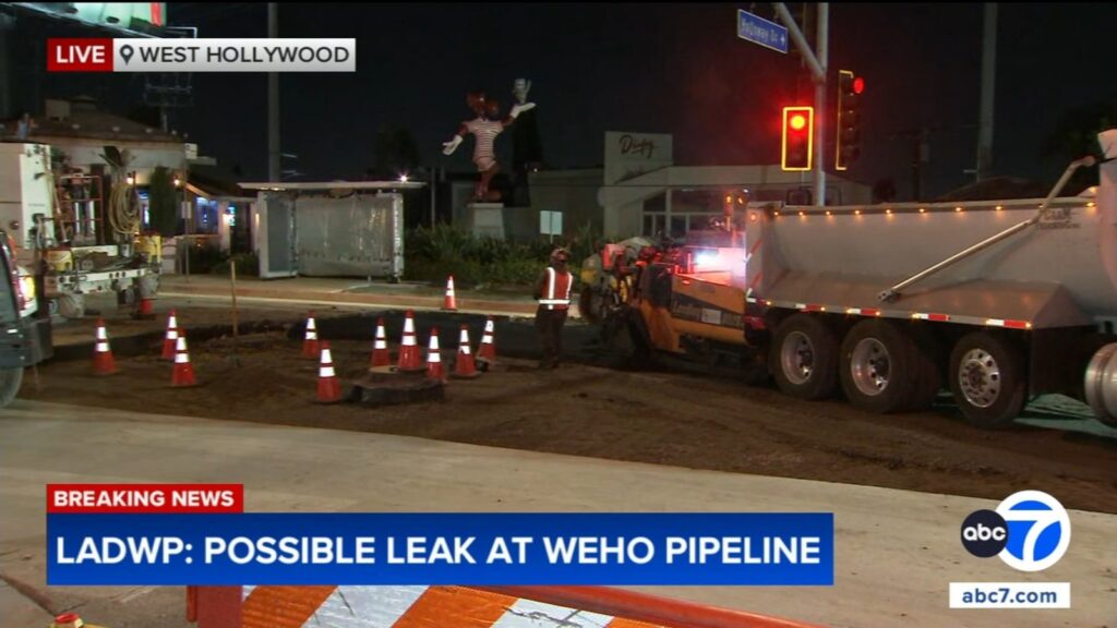 Possible leak detected at sinkhole repair site on Sunset Boulevard in West Hollywood Possible leak detected at sinkhole repair site on Sunset Boulevard in West Hollywood