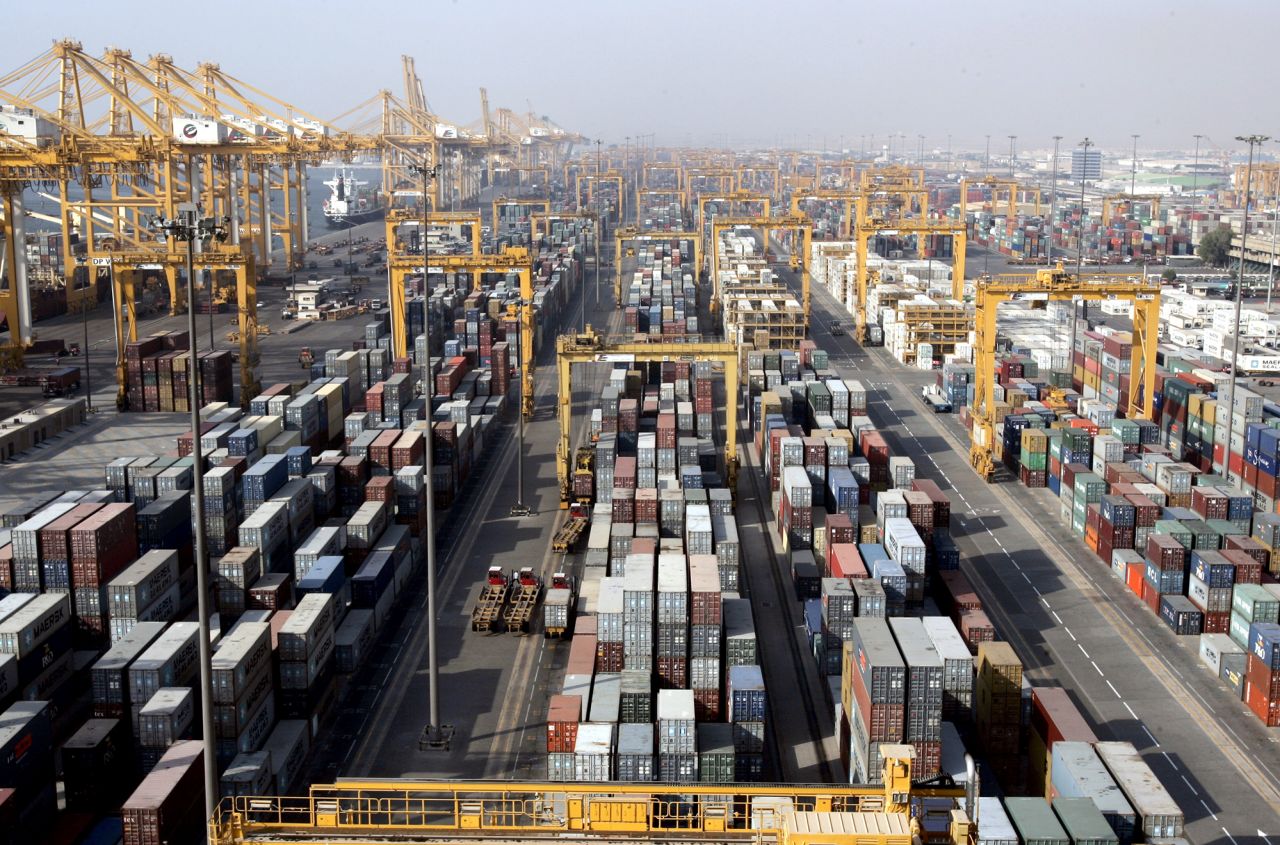 Containers are stacked at the Jebel Ali port in Dubai June 27, 2006.