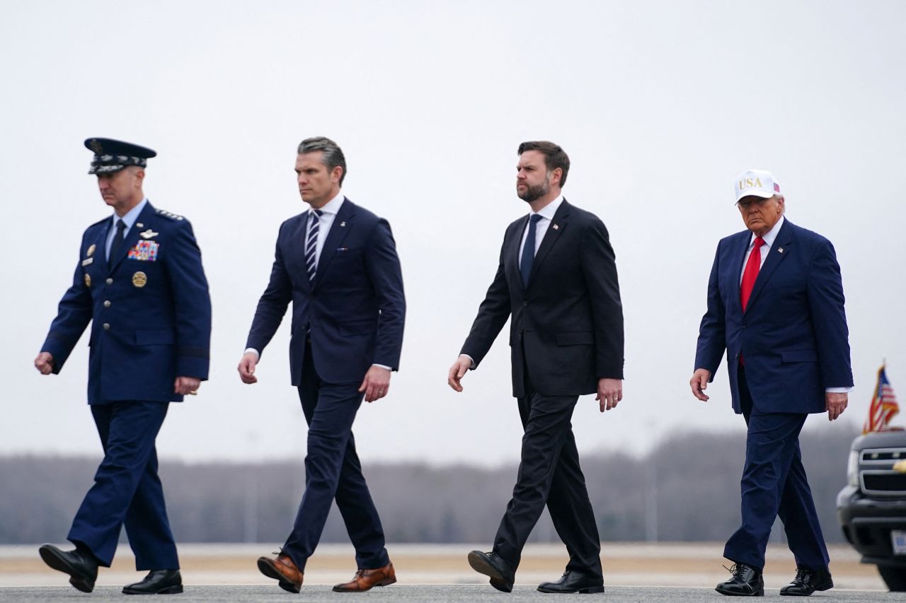 President Donald Trump, Vice President JD Vance, Defense Secretary Pete Hegseth and Joint Chiefs of Staff Chairman General Dan Caine at Dover Air Force Base in Dover, Delaware, on March 7, 2026.