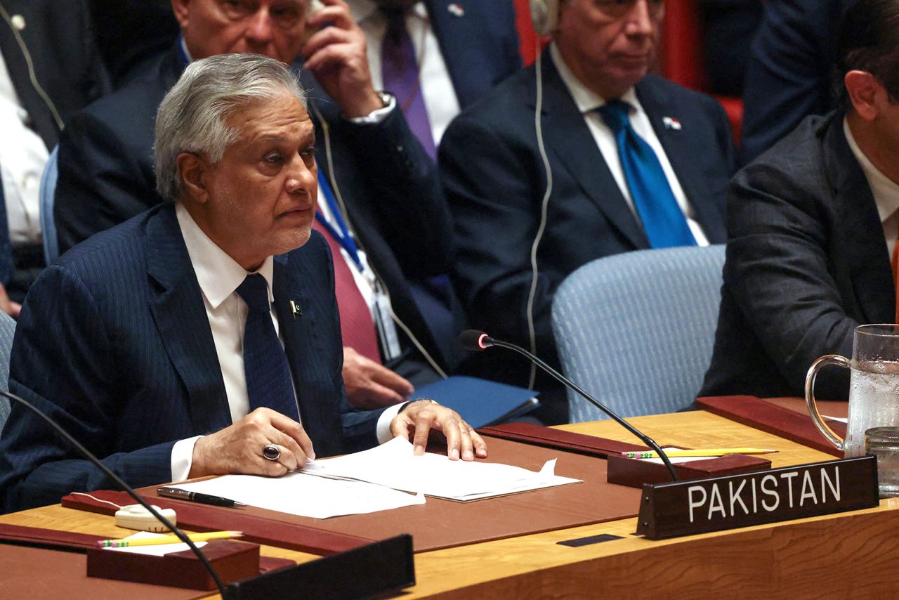 Pakistan's Foreign Minister Mohammad Ishaq Dar attends a Security Council meeting at the United Nations headquarters in New York, on May 26.