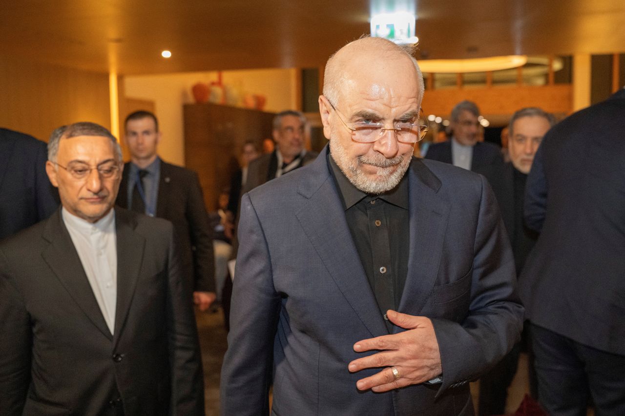 Speaker of the Islamic Parliament of Iran, Mohammed Bagher Ghalibaf, centre, at the Buergenstock resort in Obbuergen, near Lucerne, Switzerland, on June 20.