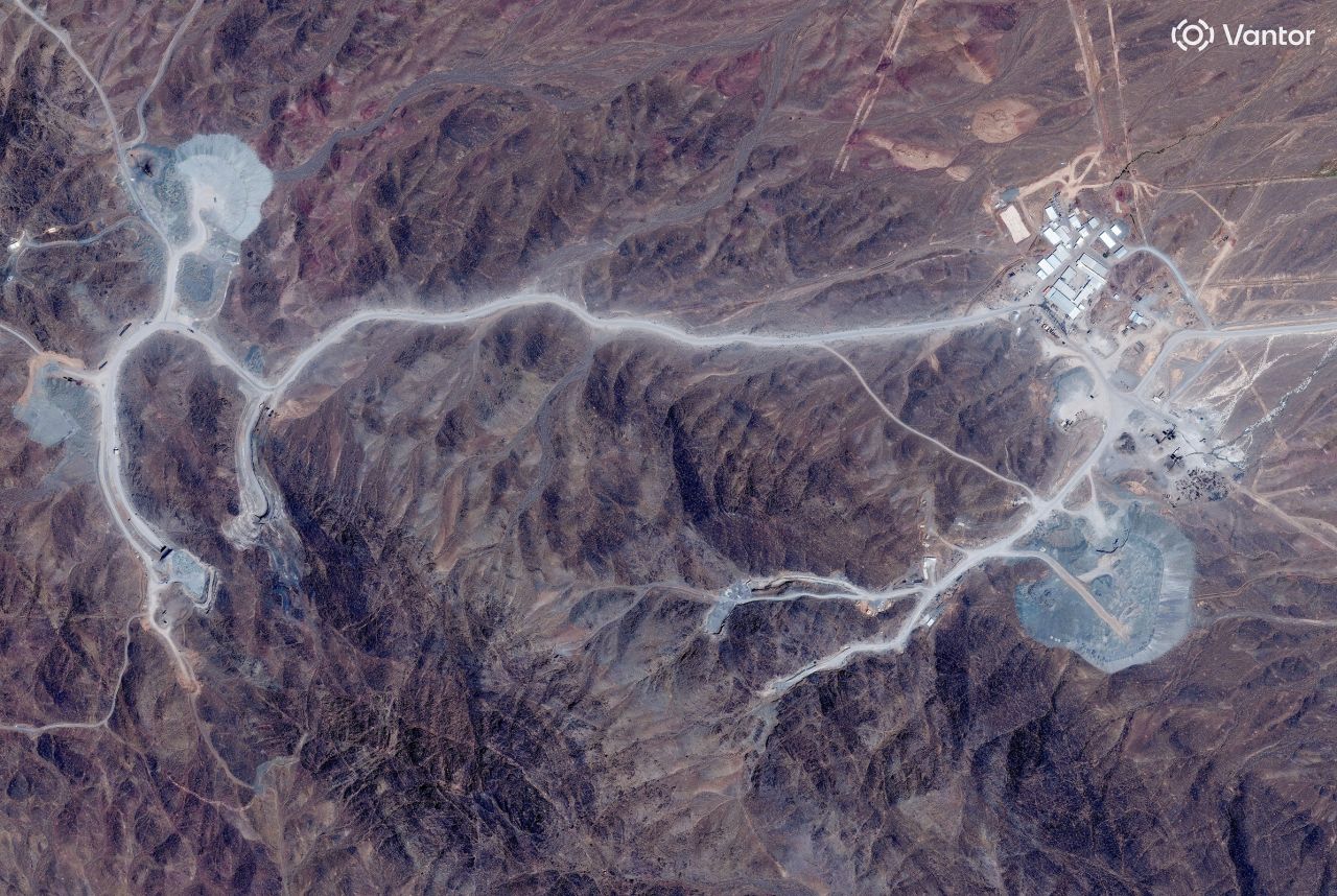 A satellite view shows tunnel entrances at Pickaxe Mountain, of the Natanz nuclear facility, near Natanz, Iran, June 30.