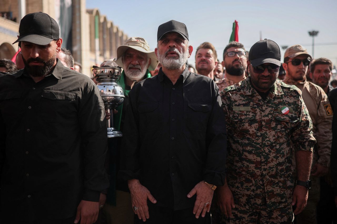Islamic Revolutionary Guard Corps Commander-in-Chief Ahmad Vahidi, center, attends a public farewell ceremony to pay his respects to late Supreme Leader Ayatollah Ali Khamenei, in Tehran, July 5.