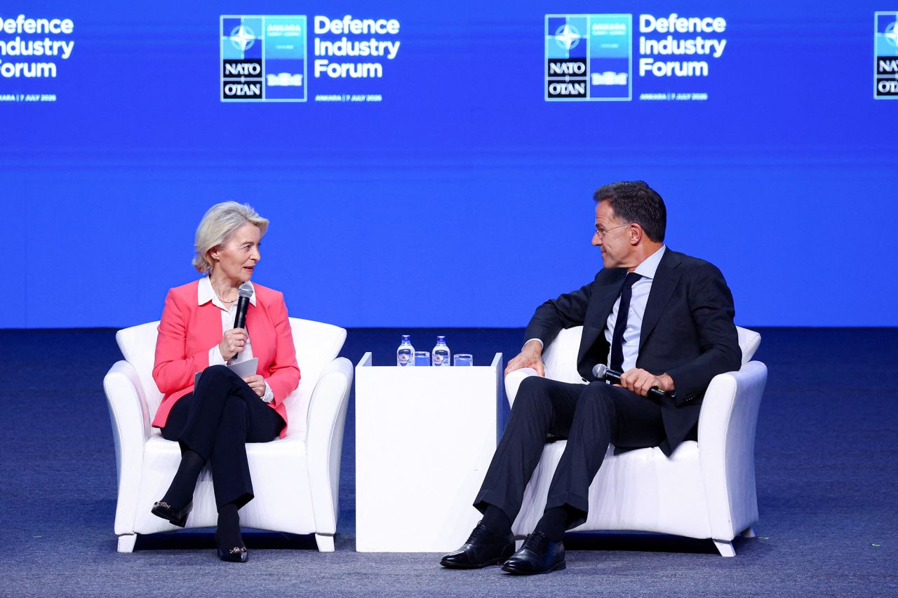 European Commission President Ursula von der Leyen and NATO Secretary General Mark Rutte attend the panel "The Capability Challenge: a NATO and EU conversation" at the NATO Summit Defence Industry Forum.
