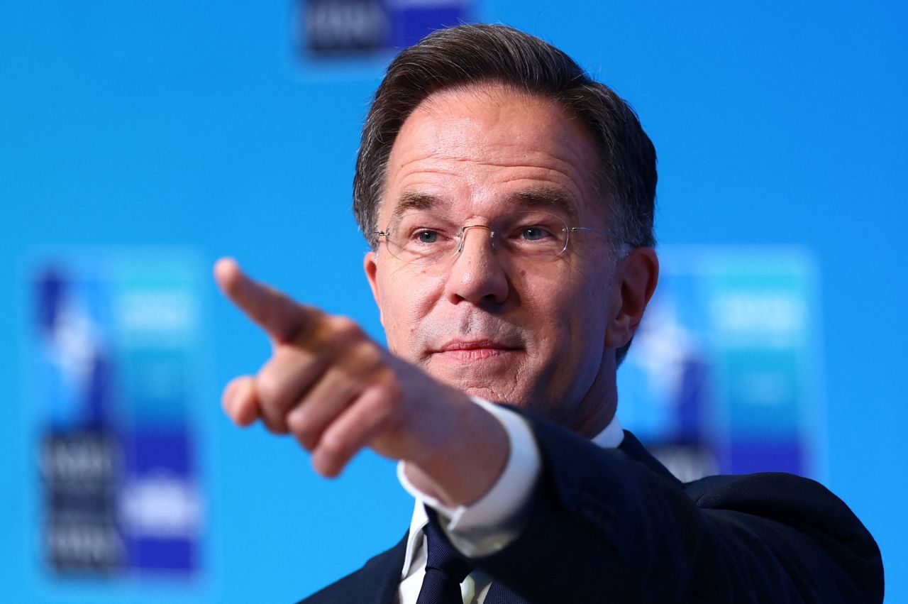 NATO Secretary General Mark Rutte gestures during a doorstep at the NATO leaders' summit in Ankara, Turkey, on Wednesday.