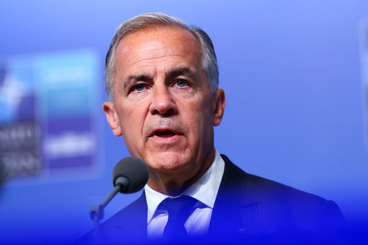 Canada's Prime Minister Mark Carney speaks during a doorstep at the NATO leaders' summit in Ankara, Turkey, on Wednesday.