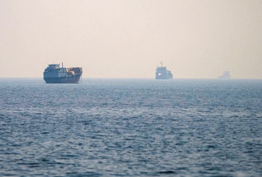 Vessels at the Strait of Hormuz, as seen from Musandam, Oman, on July 8, 2026.