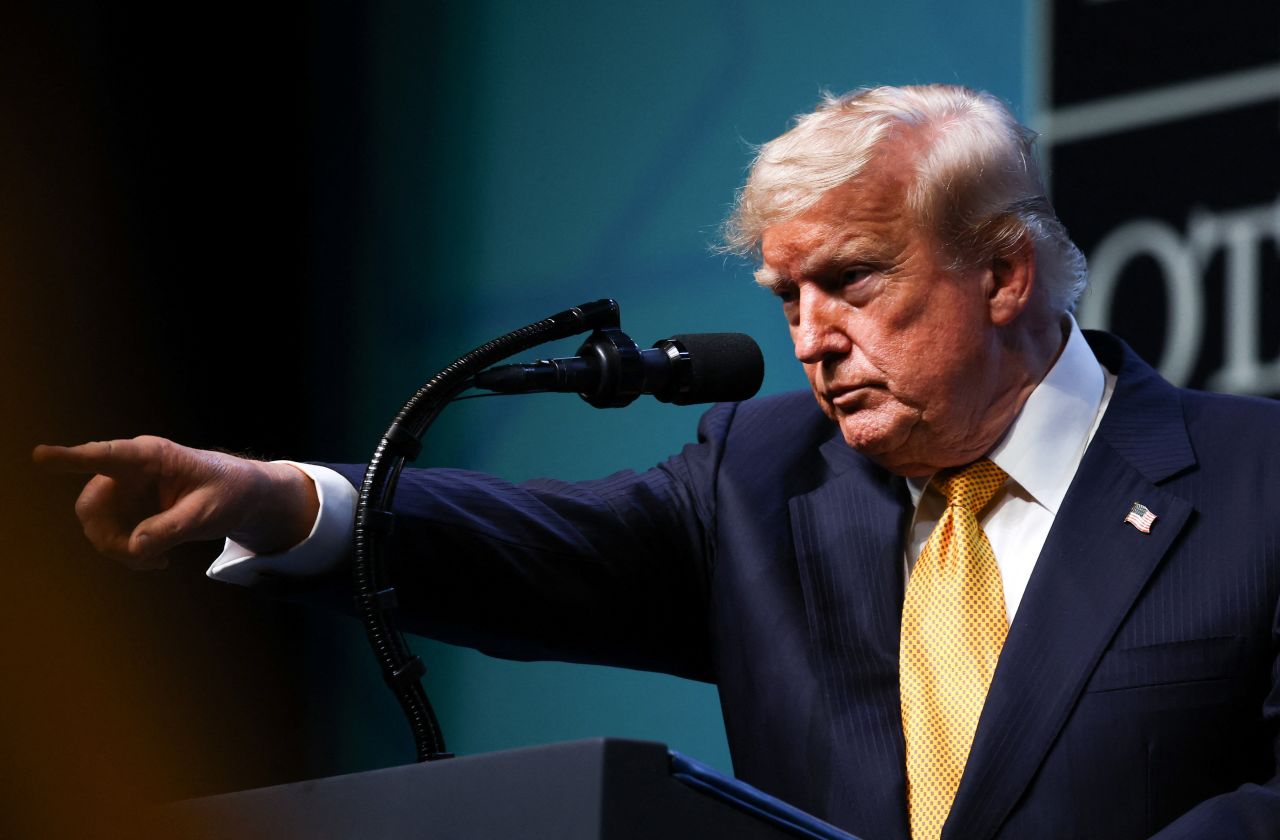 Donald Trump gestures during a press conference on the day of a NATO leaders' summit in Ankara, Turkey, on July 8.