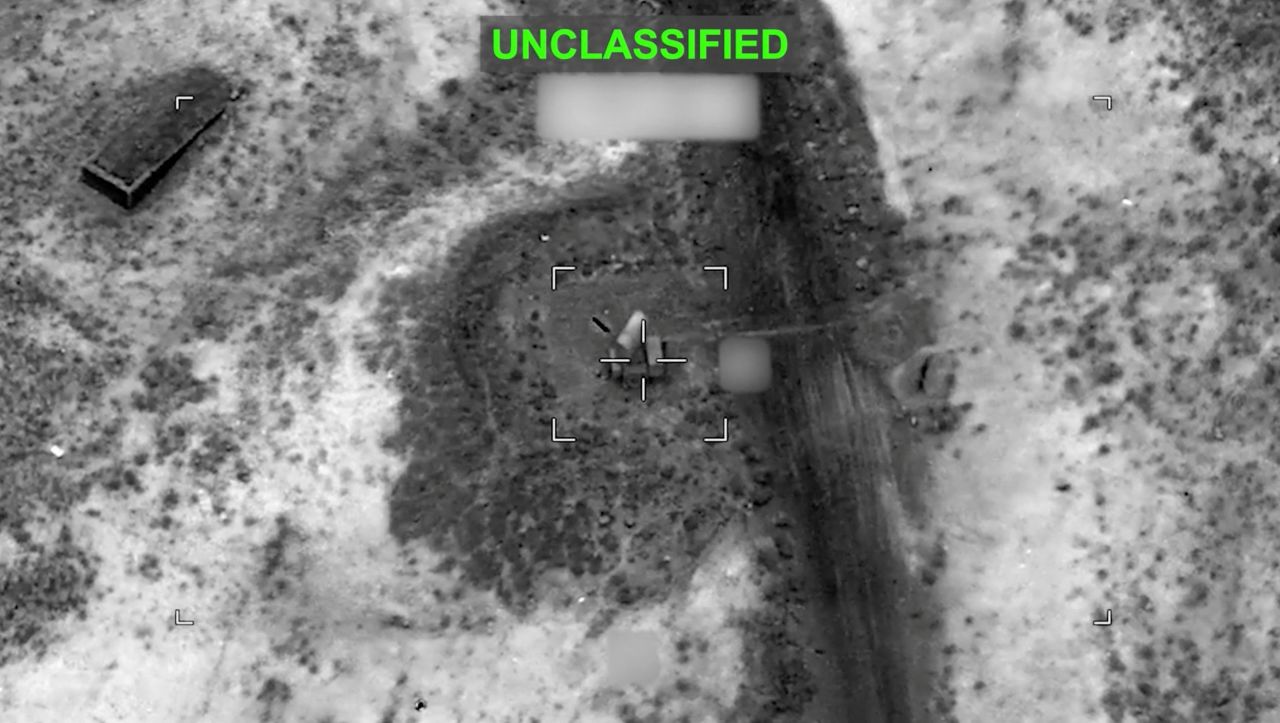 A projectile approaches a target at an unknown location following what US Central Command said were strikes on Iran, in this screen grab taken from a handout video released on Sunday.