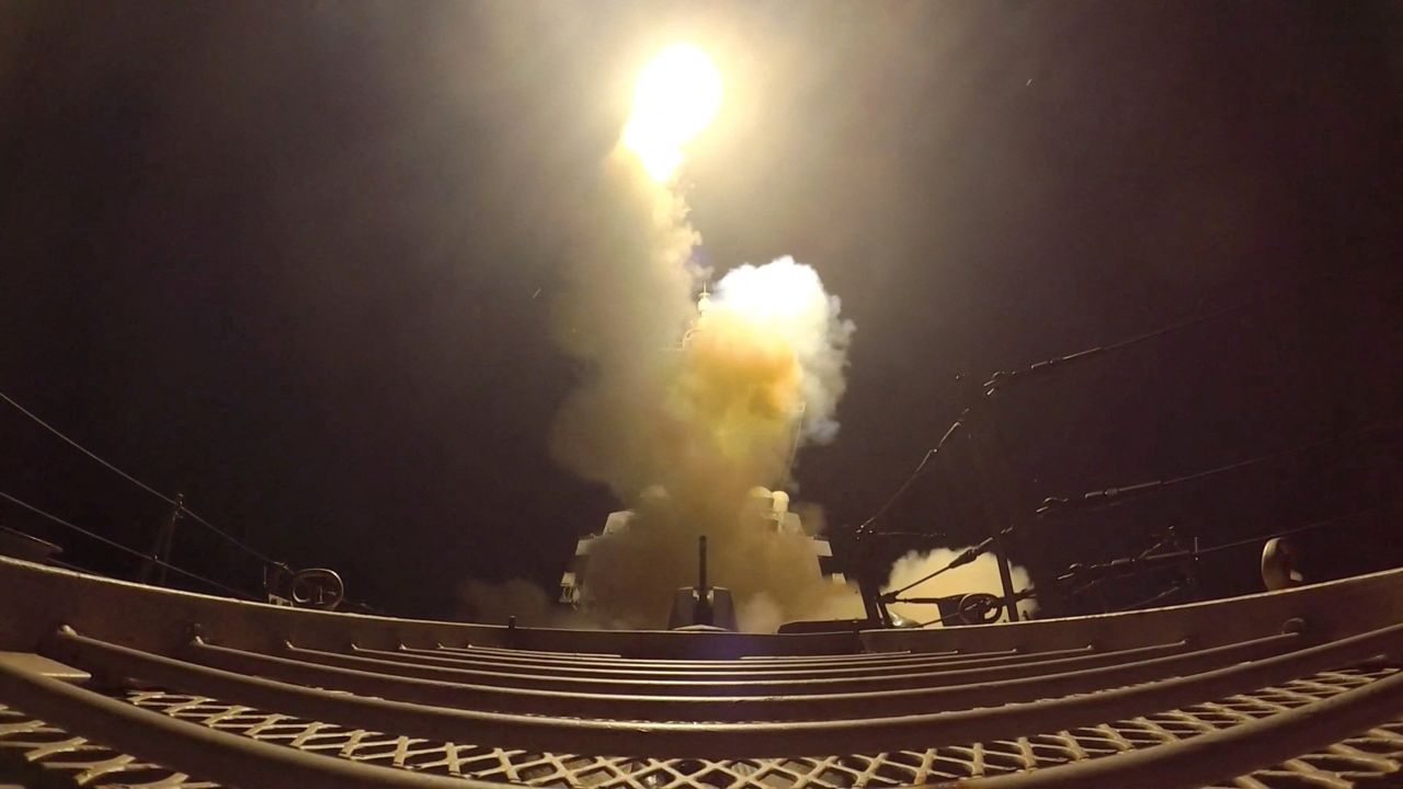 A projectile is fired during what the U.S. Central Command (CENTCOM) said were strikes on Iran, in this screen grab taken from a handout video released on Sunday.