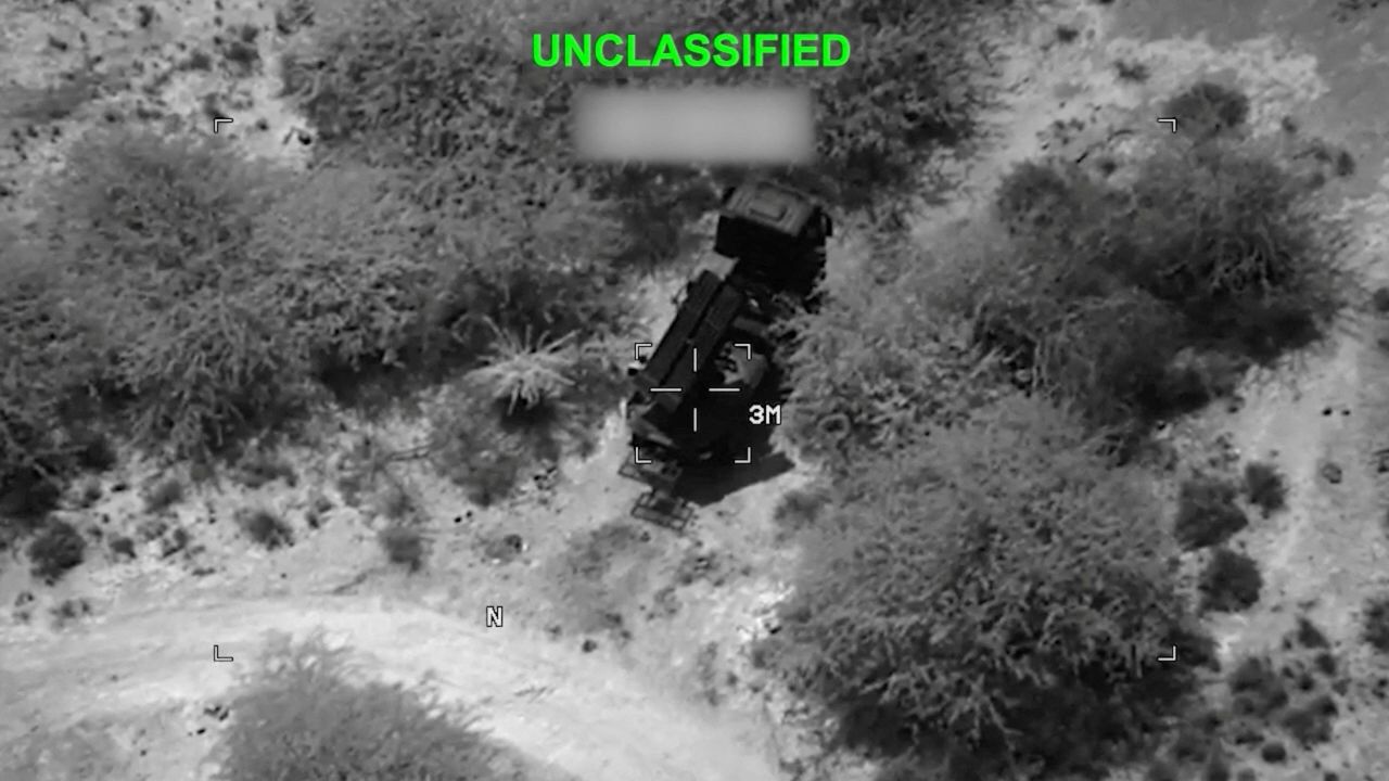 Military equipment targeted at an unknown location, during what the U.S. Central Command (CENTCOM) says are strikes on Iranian military targets, in this screengrab taken from a handout video released on Thursday.
