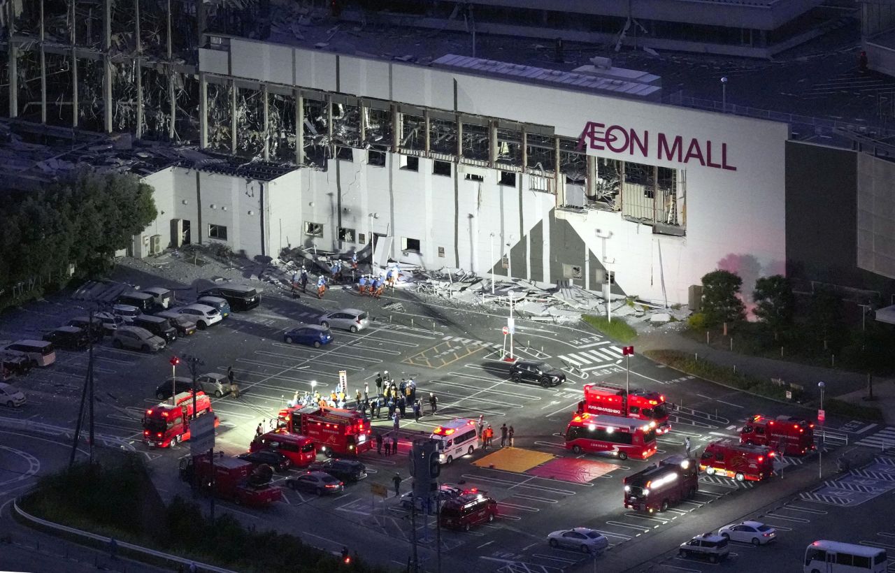 Aeon Mall is damaged after an explosion occurred following an earthquake in Kumamoto on Tuesday.