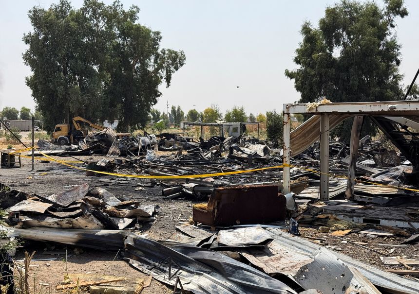Damage at a site belonging to Iraq's Popular Mobilization Forces (PMF) following airstrikes that the PMF said were carried out by US and Saudi forces, in Bartella, Nineveh province, Iraq, on Wednesday.