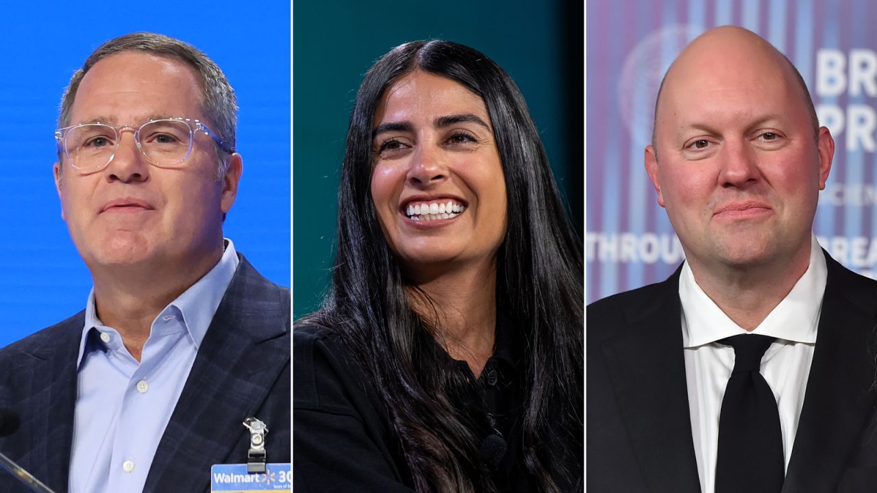 (L-R:) Doug McMillon, Asha Sharma, Marc Andreessen.