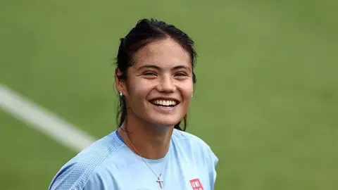Getty Images JUNE 28: Emma Raducanu of Great Britain reacts during a training session before The Championships Wimbledon 2026 at All England Lawn Tennis and Croquet Club on June 28, 2026 in London, England.