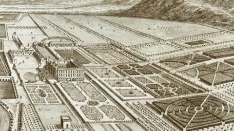 Chatsworth House An engraving from 1709 shows the grounds of Chatsworth from above.