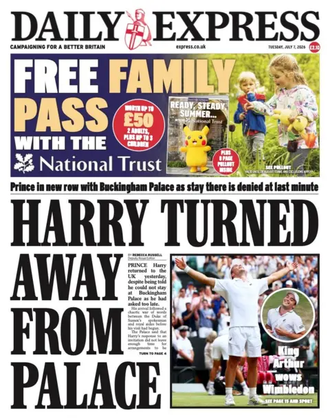 The headline on the front page of the Daily Express reads: 'Harry turned away form palace.'
