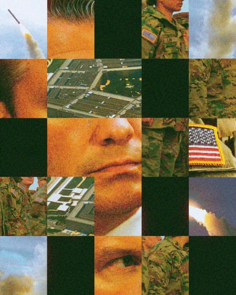 Collage of military imagery, rockets, soldiers, the Pentagon, and close-up of Pete Hegseth arranged in a grid with black squares.