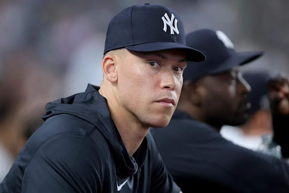 Jul 17, 2026; Bronx, New York, USA; <a class="link " href="https://sports.yahoo.com/mlb/teams/ny-yankees/" data-i13n="sec:content-canvas;subsec:anchor_text;elm:context_link" data-ylk="slk:New York Yankees;sec:content-canvas;subsec:anchor_text;elm:context_link;itc:0" data-yga="{"yLinkElement":"context_link","yModuleName":"content-canvas","yLinkText":"New York Yankees","ySubModuleName":"anchor_text","yHasCommerce":false}">New York Yankees</a> injured right fielder <a class="link " href="https://sports.yahoo.com/mlb/players/9877/" data-i13n="sec:content-canvas;subsec:anchor_text;elm:context_link" data-ylk="slk:Aaron Judge;sec:content-canvas;subsec:anchor_text;elm:context_link;itc:0" data-yga="{"yLinkElement":"context_link","yModuleName":"content-canvas","yLinkText":"Aaron Judge","ySubModuleName":"anchor_text","yHasCommerce":false}">Aaron Judge</a> (99) watches from the dugout during the sixth inning against the <a class="link " href="https://sports.yahoo.com/mlb/teams/la-dodgers/" data-i13n="sec:content-canvas;subsec:anchor_text;elm:context_link" data-ylk="slk:Los Angeles Dodgers;sec:content-canvas;subsec:anchor_text;elm:context_link;itc:0" data-yga="{"yLinkElement":"context_link","yModuleName":"content-canvas","yLinkText":"Los Angeles Dodgers","ySubModuleName":"anchor_text","yHasCommerce":false}">Los Angeles Dodgers</a> at Yankee Stadium. Mandatory Credit: Brad Penner-Imagn Images | Brad Penner-Imagn Images