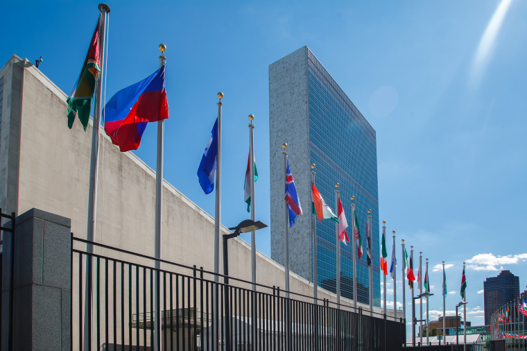 Line of national flags at the United Nations, Midtown Manhattan, New York City.