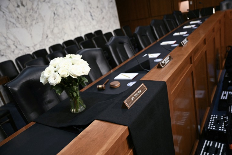 The seat of late Senate Judiciary Committee member Lindsey Graham is draped in black on July 15, 2026.