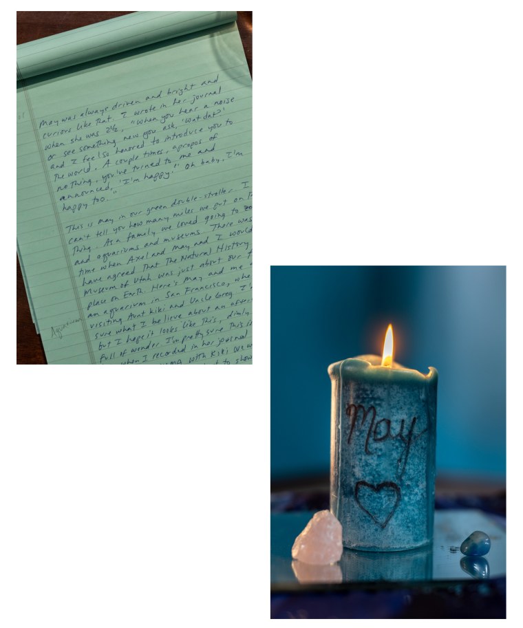 Eulogy notes written by Elyse for May's funeral; a lit candle engraved with "May" and a heart.