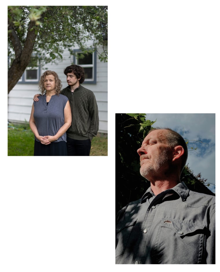 Elyse and Axel under a tree near their home; Joseph Pollard closes his eyes in the sunlight.