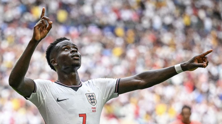 England's forward #07 Bukayo Saka celebrates scoring his team's fourth goal during the 2026 World Cup football tournament third-place match between France and England at the Miami Stadium in Miami on July 18, 2026.