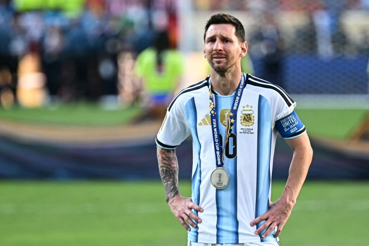 Argentina's forward #10 Lionel Messi cries during the trophy ceremony at the end of the 2026 World Cup football tournament final match between Spain and Argentina at the New York/New Jersey Stadium in East Rutherford, NJ.
