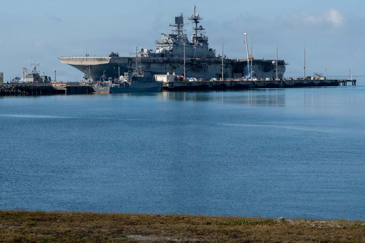 America-class amphibious assault ship USS Tripoli and embarked 31st Marine Expeditionary Unit arrive at White Beach Naval Facility, Okinawa, Japan, on Wednesday, July 22.