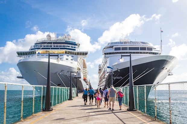 BASSETERRE, ST. KITS AND NEVIS 14 DECEMBER, 2016: Cruise passengers return to cruise ships at St Kitts Port Zante cruise ship terminal