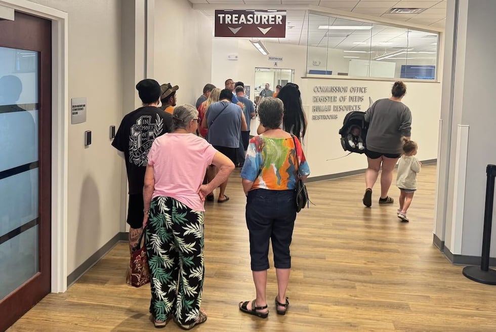 A line of about three dozen people waited to obtain in-person services from the Treasurer’s...
