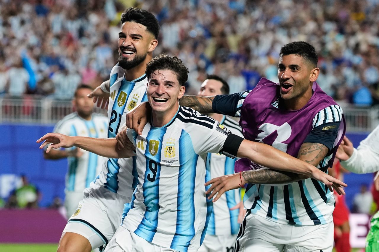 Julian Alvarez celebrates after scoring Argentina's second goal.