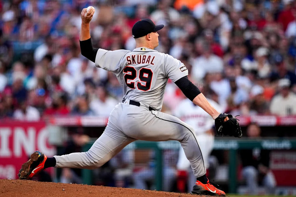 ANAHEIM, CA - JULY 18: <a class="link " href="https://sports.yahoo.com/mlb/players/11763/" data-i13n="sec:content-canvas;subsec:anchor_text;elm:context_link" data-ylk="slk:Tarik Skubal;sec:content-canvas;subsec:anchor_text;elm:context_link;itc:0" data-yga="{"yLinkElement":"context_link","yModuleName":"content-canvas","yLinkText":"Tarik Skubal","ySubModuleName":"anchor_text","yHasCommerce":false}">Tarik Skubal</a> #29 of the <a class="link " href="https://sports.yahoo.com/mlb/teams/detroit/" data-i13n="sec:content-canvas;subsec:anchor_text;elm:context_link" data-ylk="slk:Detroit Tigers;sec:content-canvas;subsec:anchor_text;elm:context_link;itc:0" data-yga="{"yLinkElement":"context_link","yModuleName":"content-canvas","yLinkText":"Detroit Tigers","ySubModuleName":"anchor_text","yHasCommerce":false}">Detroit Tigers</a> pitches during the game between the Detroit Tigers and the <a class="link " href="https://sports.yahoo.com/mlb/teams/la-angels/" data-i13n="sec:content-canvas;subsec:anchor_text;elm:context_link" data-ylk="slk:Los Angeles Angels;sec:content-canvas;subsec:anchor_text;elm:context_link;itc:0" data-yga="{"yLinkElement":"context_link","yModuleName":"content-canvas","yLinkText":"Los Angeles Angels","ySubModuleName":"anchor_text","yHasCommerce":false}">Los Angeles Angels</a> at Angel Stadium of Anaheim on Saturday, July 18, 2026 in Anaheim, California. (Photo by Tony Macon/MLB Photos via Getty Images) | MLB Photos via Getty Images