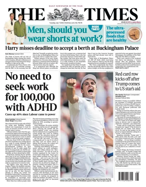 The headline on the front page of the Times reads: 'No need to seek work for 100,000 with ADHD.'