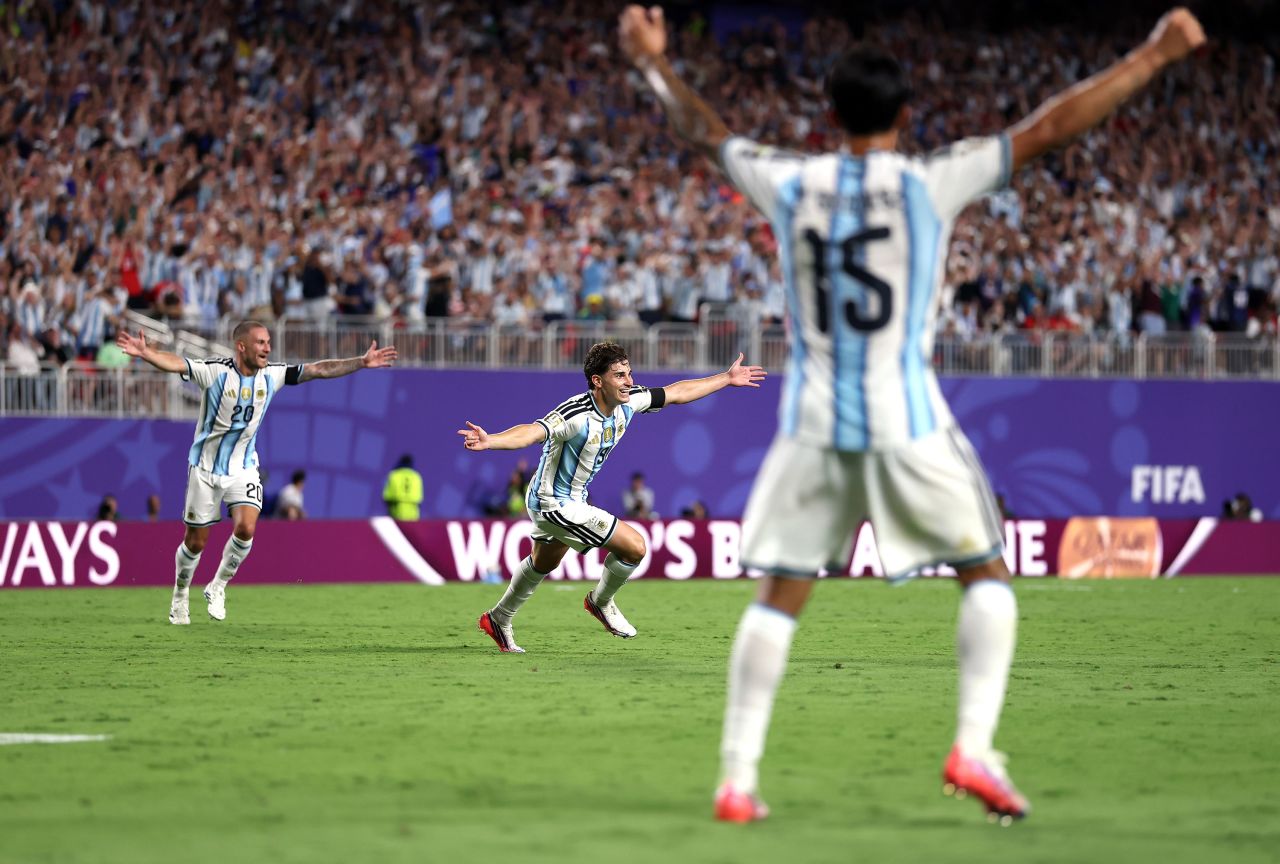 Julian Alvarez, center, celebrates scoring Argentina's second goal.