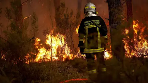 AFP via Getty Images A firefighter stands before flames as a forest fire rages in Saint-Jean-d'Illac, some 30km from Bordeaux.