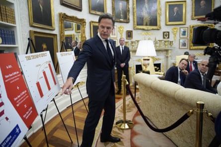 Mark Rutte stands and points to one of three charts mounted on easels as a seated Donald Trump and other officials look on