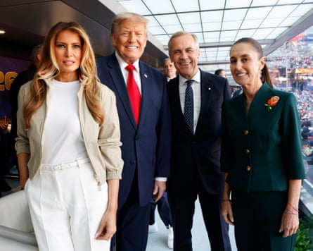 Left to right: Melania and Donald Trump, Canadian prime minister, Mark Carney, and Mexican president, Claudia Sheinbaum, posing for photos at a stadium