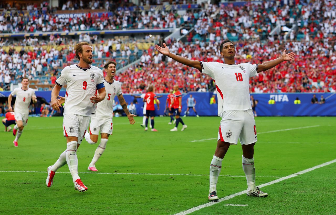 England's Jude Bellingham celebrates scoring a goal.