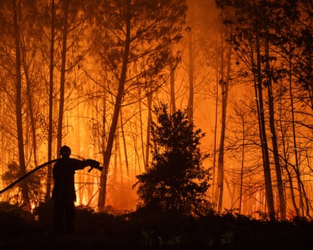 A firefighter in burning woodland silhouetted against an orange sky