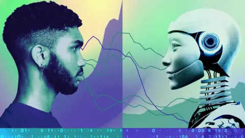 BBC A stylised image in blue and green tones showing a man with a beard and a humanoid robot facing each other, with chart lines running between them.