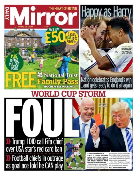 The headline on the front page of the Daily Mirror reads: 'World Cup Storm.'